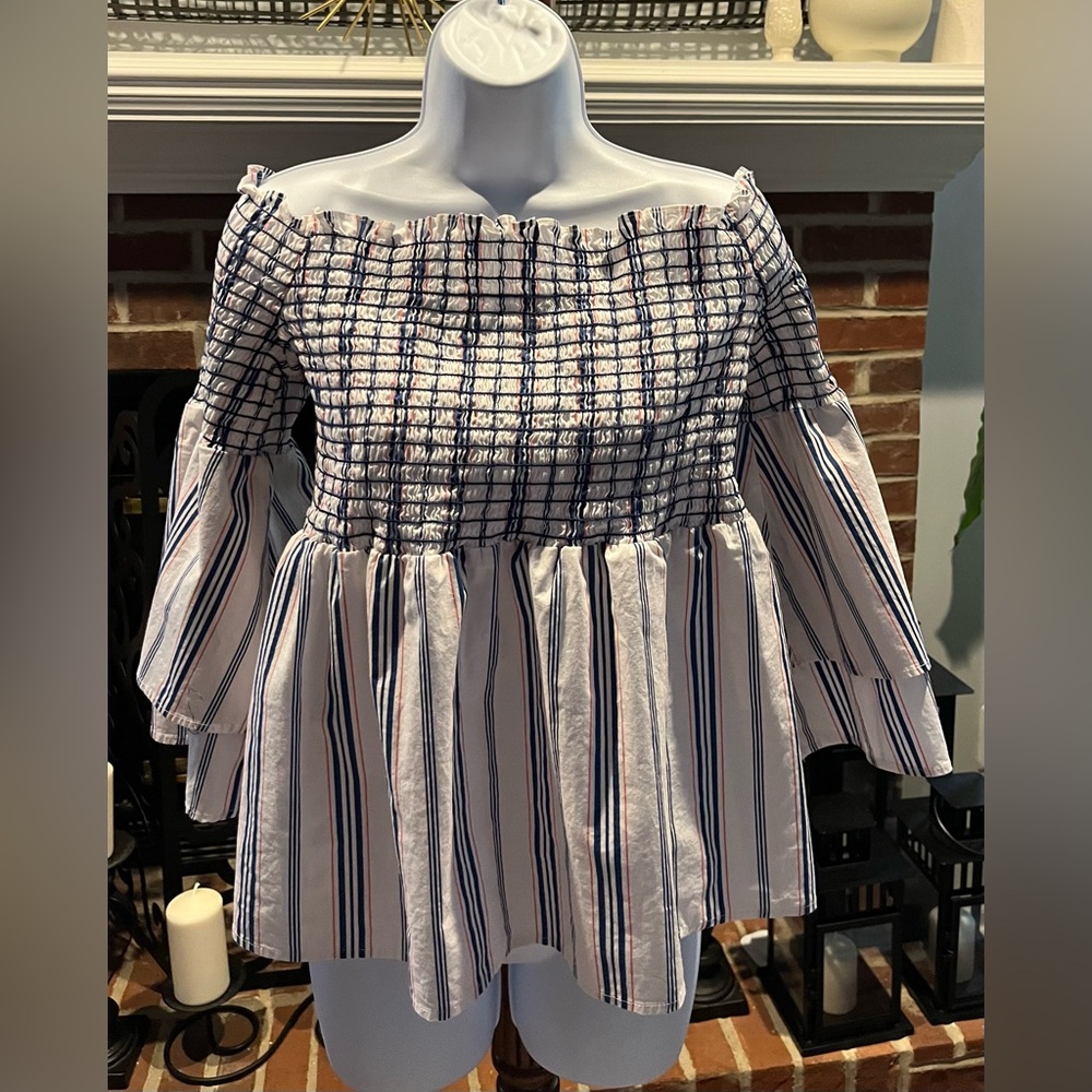 Belle Sky Off the Shoulder Blouse Color: blue/white Size:XXL